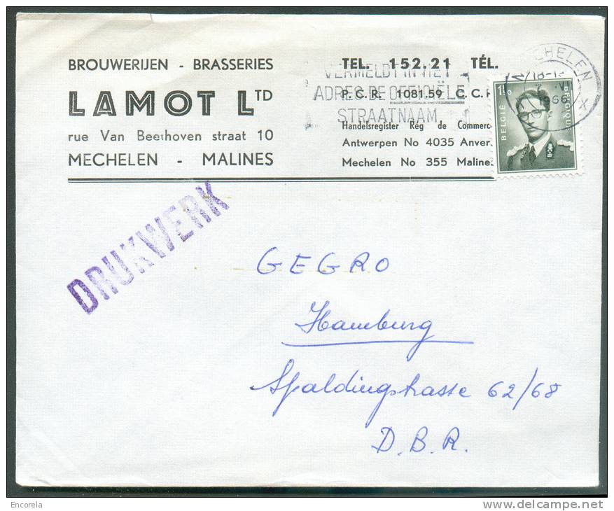 BEER BIERE - Belgique 1Fr;50 Marchand Obl. Mécanique De MECHELEN S/L. Du 7-VI-1966 Vers Hambougr  - En-tête BROUWERIJEN - Biere