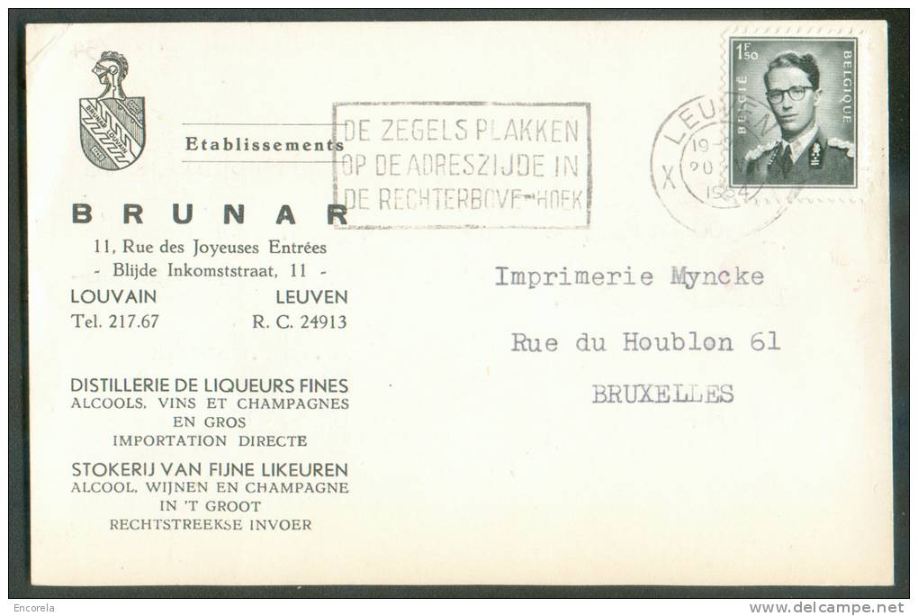 ALCOOL VIN - Belgique 1Fr;50 Marchand Obl. Mécanique De LEUVEN S/Carte (tarif Imprimé) Du 20-VI-1964 Vers Bruxelles  - E - Wijn & Sterke Drank