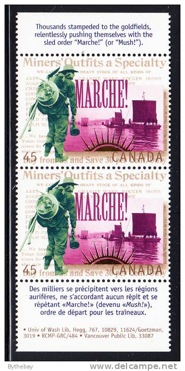 Canada MNH Scott #1606b Vertical Pair With English, French Descriptive Tabs 45c Prospectors Heading For The Gold Fields - Feuilles Complètes Et Multiples