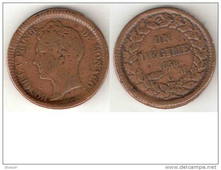 *monaco 10 Decimes 1838 MC  Large Head  Km 97.1 * - 1819-1922 Honoré V, Charles III, Albert I