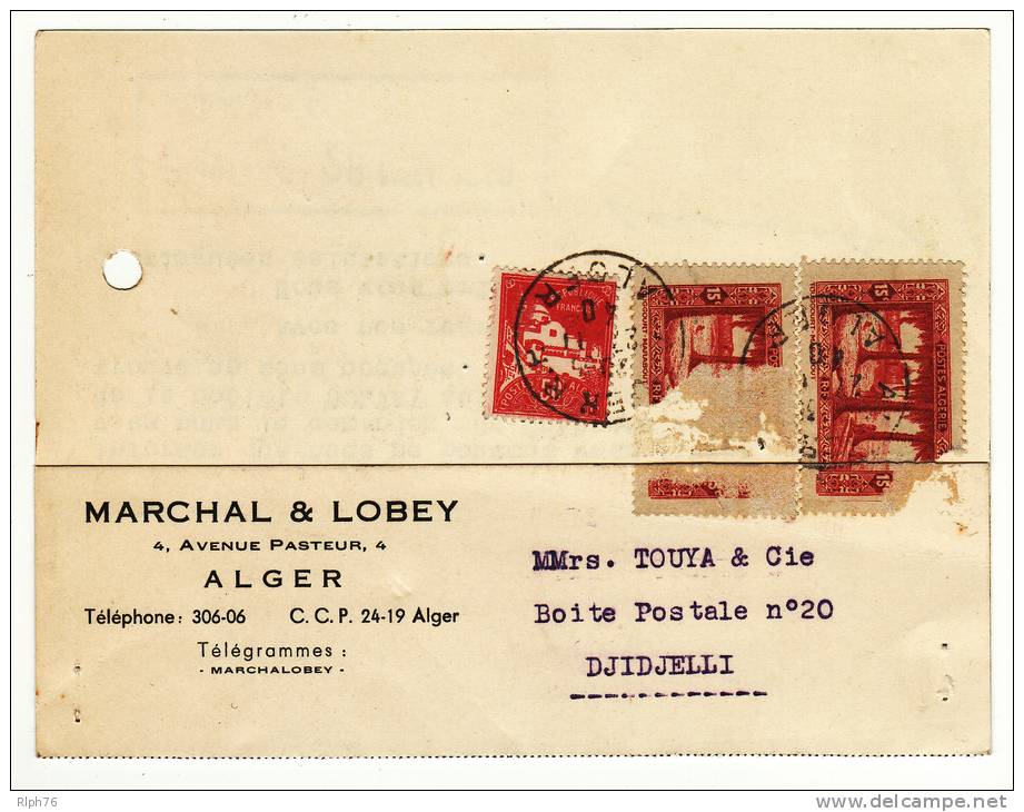 ALGERIE CARTE LETTRE COMERCIALE  - MARCHAL & LOBEY  - ALGER 1940 - POUR DJIDJELLI - OCCUPATION - Other & Unclassified