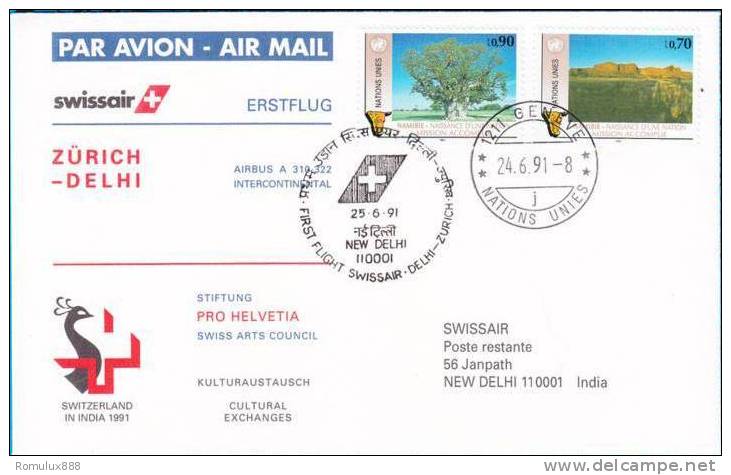 SWISS AIR .AIRBUS A INTERCONTINENTAL FIRST FLIGHT ZURICH-NEW DELHI 1991 - Briefe U. Dokumente