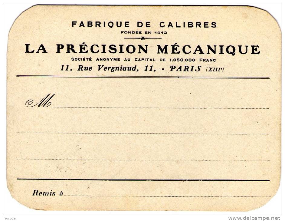 Ced , Carte De Visite , La Précision Mécanique , 11 Rue Vergniaud , Paris , 16 X 12 Cm , - Cartes De Visite