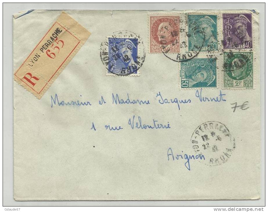 1942 - ENVELOPPE RECOMMANDEE DE LYON PERRACHE - MERCURE - PETAIN - Lettres & Documents