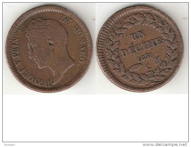 *monaco Un Decimes 1838MC  Km 97.1  Large Head  Vf - Charles III.