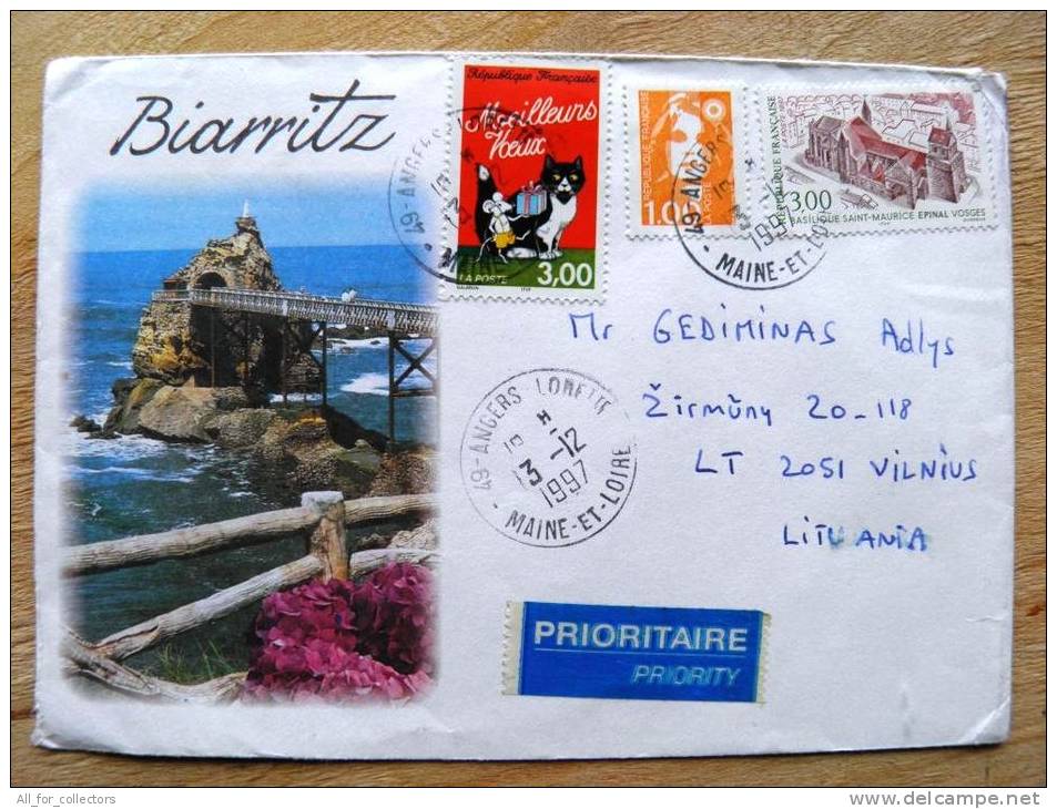 2 Scans, Cover Sent From France To Lithuania On 1997, Cat Mouse, Epinal, Biarritz Landscape - Brieven En Documenten