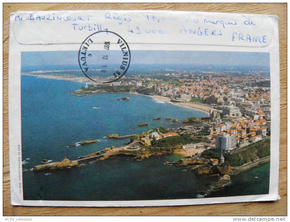 2 Scans, Cover Sent From France To Lithuania On 1997, Cat Mouse, Epinal, Biarritz Landscape - Briefe U. Dokumente