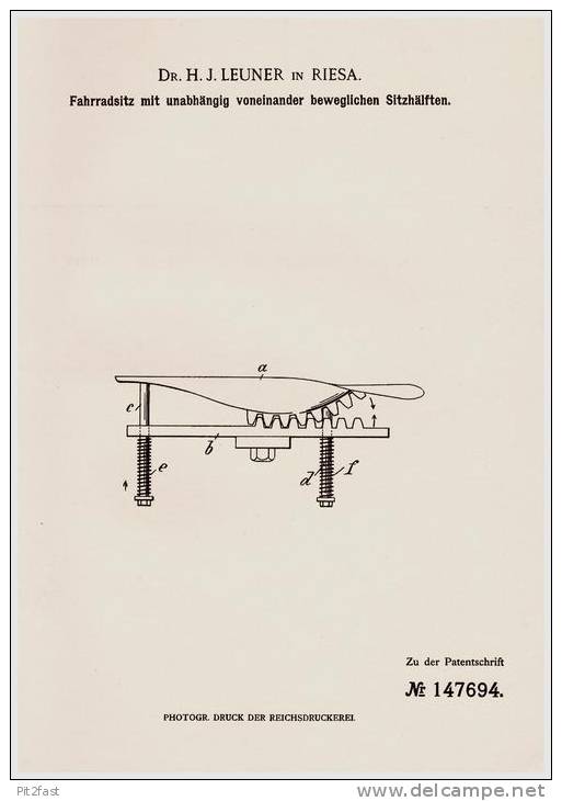 Original Patentschrift - Dr. H. J. Leuner In Riesa , 1902 , Sitz Für Fahrrad Mit Zwei Sitzhälften , Sattel !!! - Documentos Históricos