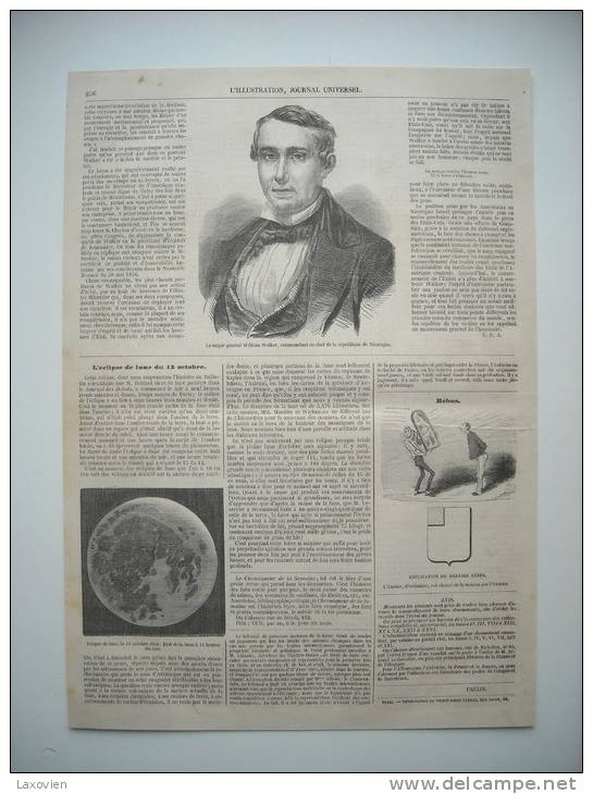GRAVURE 1856. LE MAJOR GENERAL WILLIAM WALKER, COMMANDANT EN CHEF REPUBLIQUE DI NICARAGUA. L’ECLIPSE DE LUNE DU 13 10. - Prints & Engravings