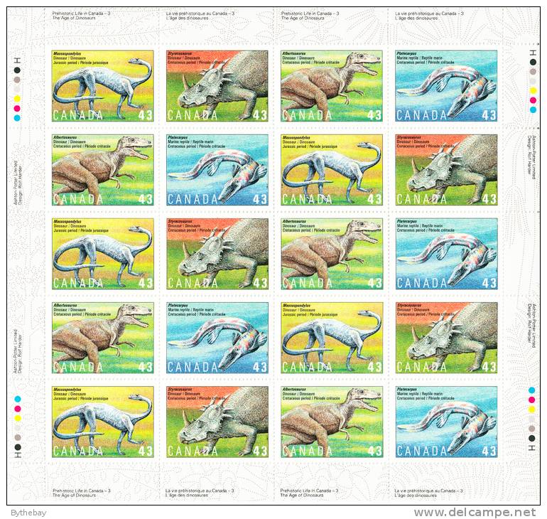 Canada MNH Scott #1498a Sheet Of 20 43c Dinosaurs - Prehistoric Life - Feuilles Complètes Et Multiples