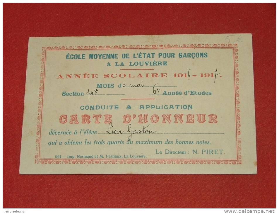 LA LOUVIERE  -  Ecole Moyenne De L´Etat Pour Garçons - Carte D´Honneur  -  (1916-1917) -  (2 Scans) - La Louvière