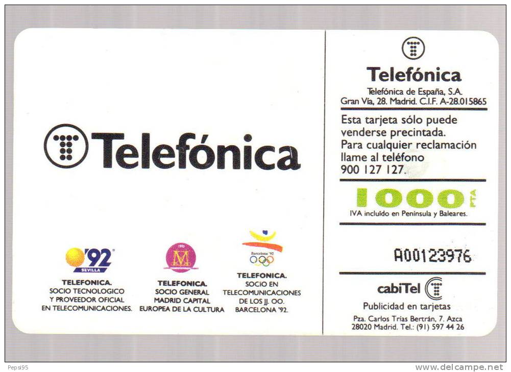 Carte Prépayée, Usagée: TELEFONICA 1000 PTA - MADRID CAPITALE EUROPENNE DE LA CULTURE 1992 - Telefonica