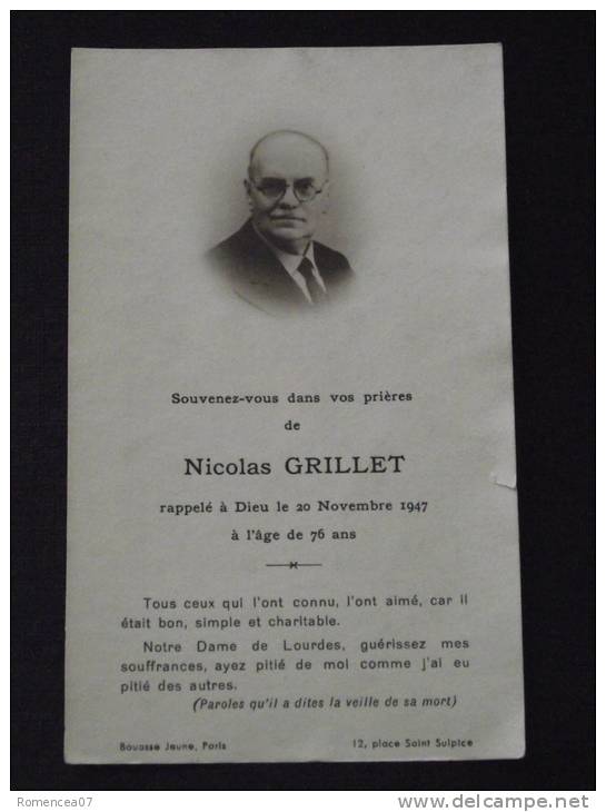 Nicolas GRILLET - Avis De Décès - 20 Novembre 1947 - à L´âge De 76 Ans - Imp. Bouasse Jeune à Paris - Format CDV - Obituary Notices