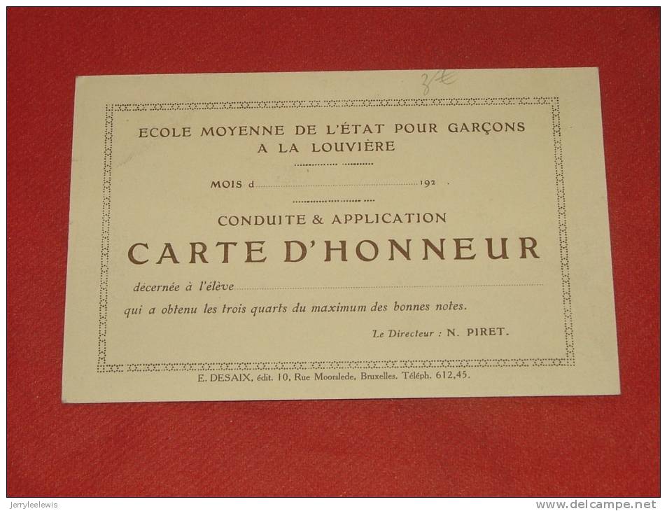 LA LOUVIERE   -  Ecole Moyenne De L´Etat Pour Garçons - Carte D´Honneur - (2 Scans) - La Louvière