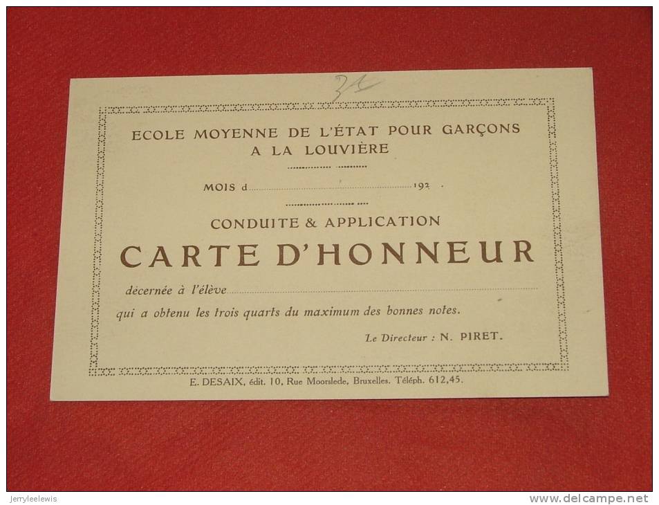 LA LOUVIERE   -  Ecole Moyenne De L´Etat Pour Garçons  - Carte D´Honneur  - (2 Scans) - La Louvière