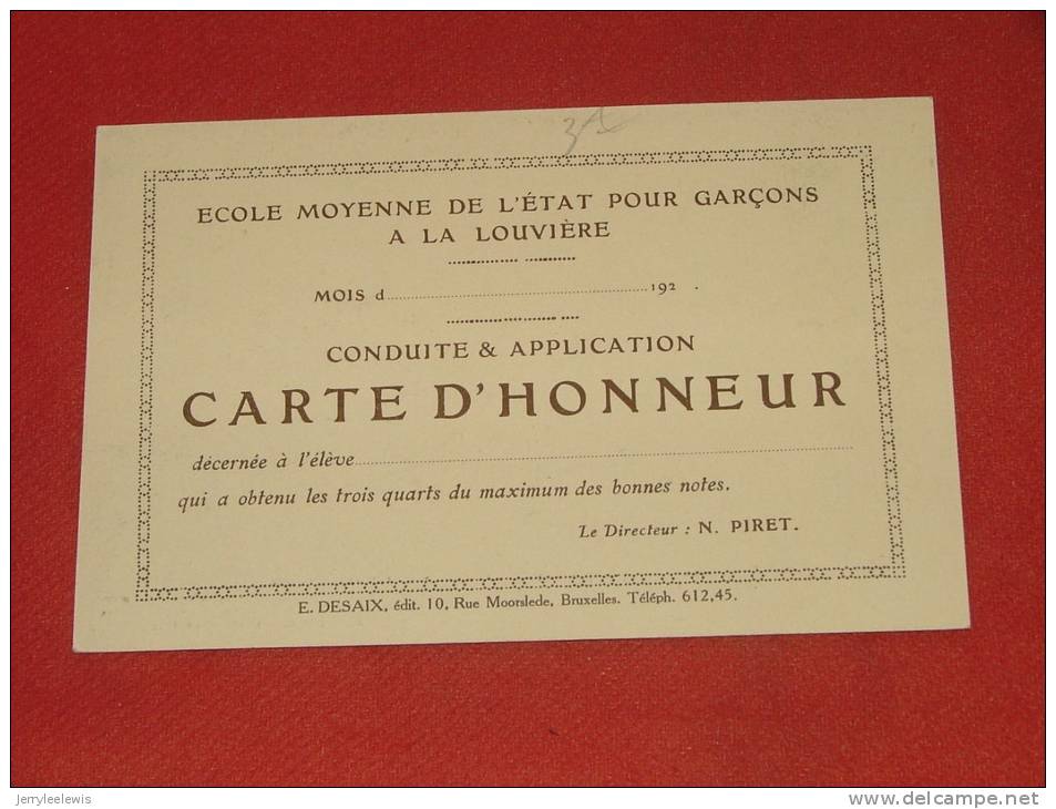 LA LOUVIERE   -  Ecole Moyenne De L´Etat Pour Garçons  - Carte D´Honneur  - (2 Scans) - La Louvière