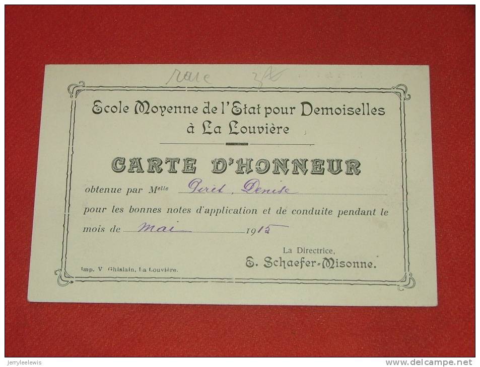 LA LOUVIERE   -  Ecole Moyenne De L´Etat Pour Demoiselles  - Carte D´Honneur  -  1915  -  (2 Scans) - La Louvière