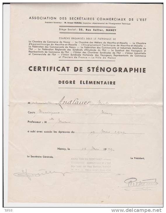 Certificat De Sténographie Nancy 1949 - Diplome Und Schulzeugnisse