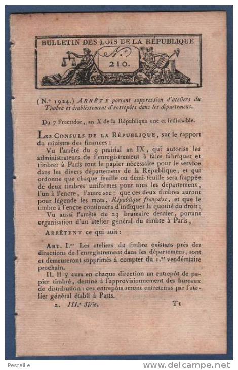 AN X BULLETIN DES LOIS DE LA REPUBLIQUE - ATELIERS DU TIMBRE - BRUXELLES - ANVERS - CAEN - ILE D´ELBE - PONTS IVRY 27 - Decretos & Leyes