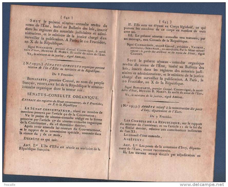 AN X BULLETIN DES LOIS DE LA REPUBLIQUE - ATELIERS DU TIMBRE - BRUXELLES - ANVERS - CAEN - ILE D´ELBE - PONTS IVRY 27 - Décrets & Lois