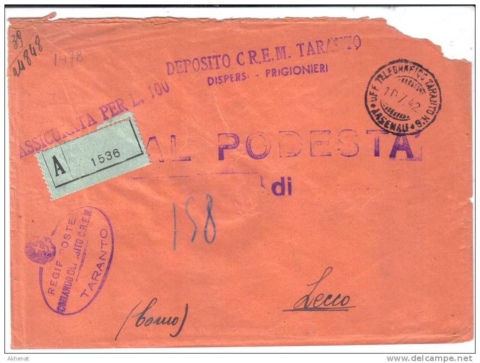 VER1478 - ITALIA 10/7/1942 , ASSICURATA Da Deposito C.R.E.M. Taranto - Zonder Portkosten