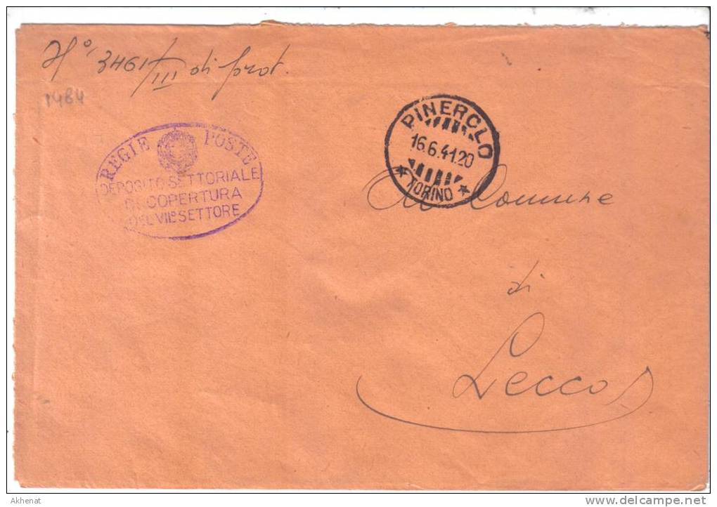 VER1484 - ITALIA 16/6/1941 , Lettera Da DEPOSITO SETTORIALE DI COPERTURA - Franchise