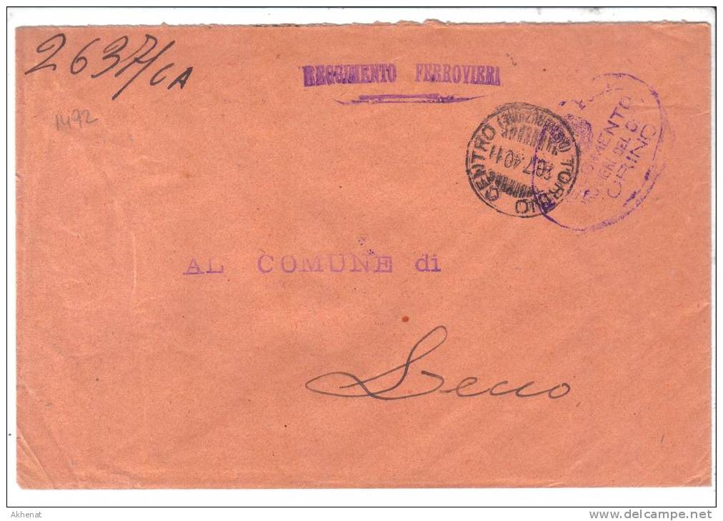 VER1492 - ITALIA 20/7/1940 , Lettera Da REGGIMENTO FERROVIERI - Franchise