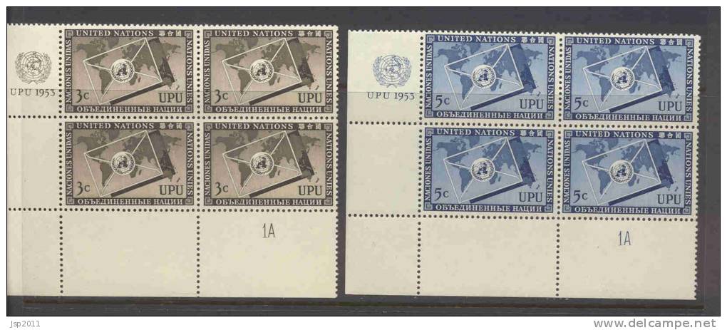 UN New York 1953 4-Block Michel 21-22 RZf And KN (see Scann) - Hojas Y Bloques