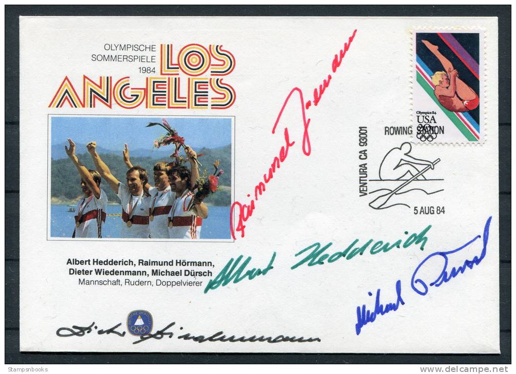 1984 Olympic Germany USA Rowing Hedderich Hormann Wiedenmann Dursch SIGNED Cover - Summer 1984: Los Angeles