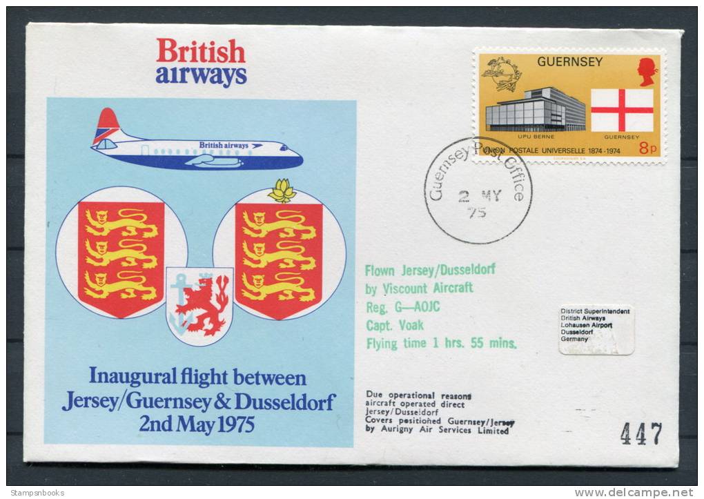 1975 Guernsey - Dusseldorf - Guernsey Germany British Airways Viscount Aircraft Flight Covers (2) - Guernsey