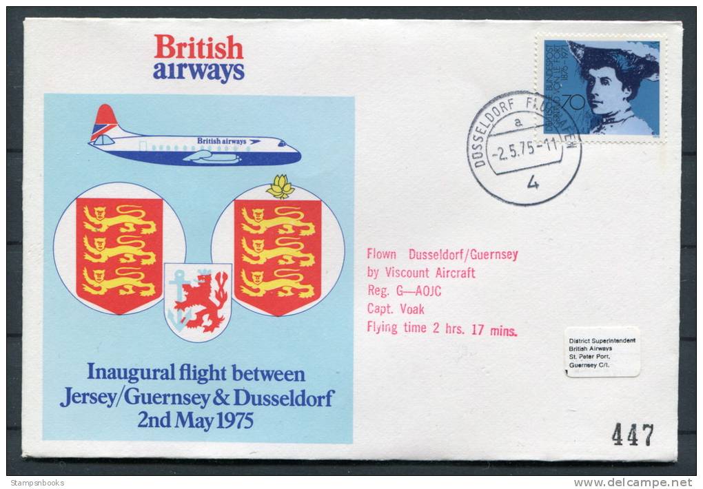 1975 Guernsey - Dusseldorf - Guernsey Germany British Airways Viscount Aircraft Flight Covers (2) - Guernsey