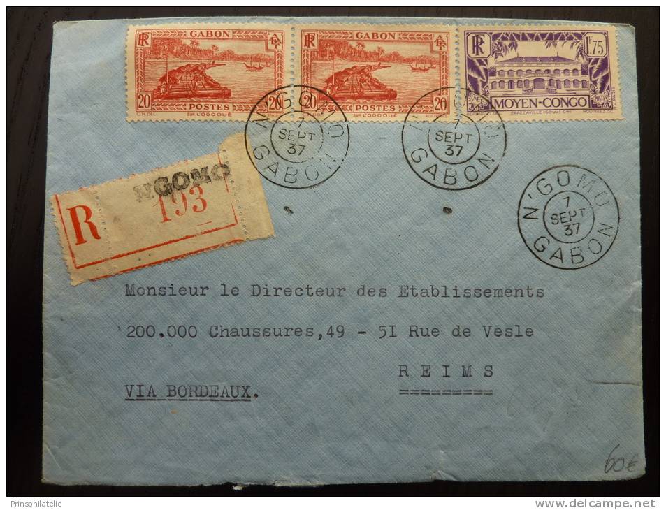 LETTRE RECOMMANDEE DE N´GOMO GABON POUR REIMS BON BUREAU 1937   COVER - Autres & Non Classés