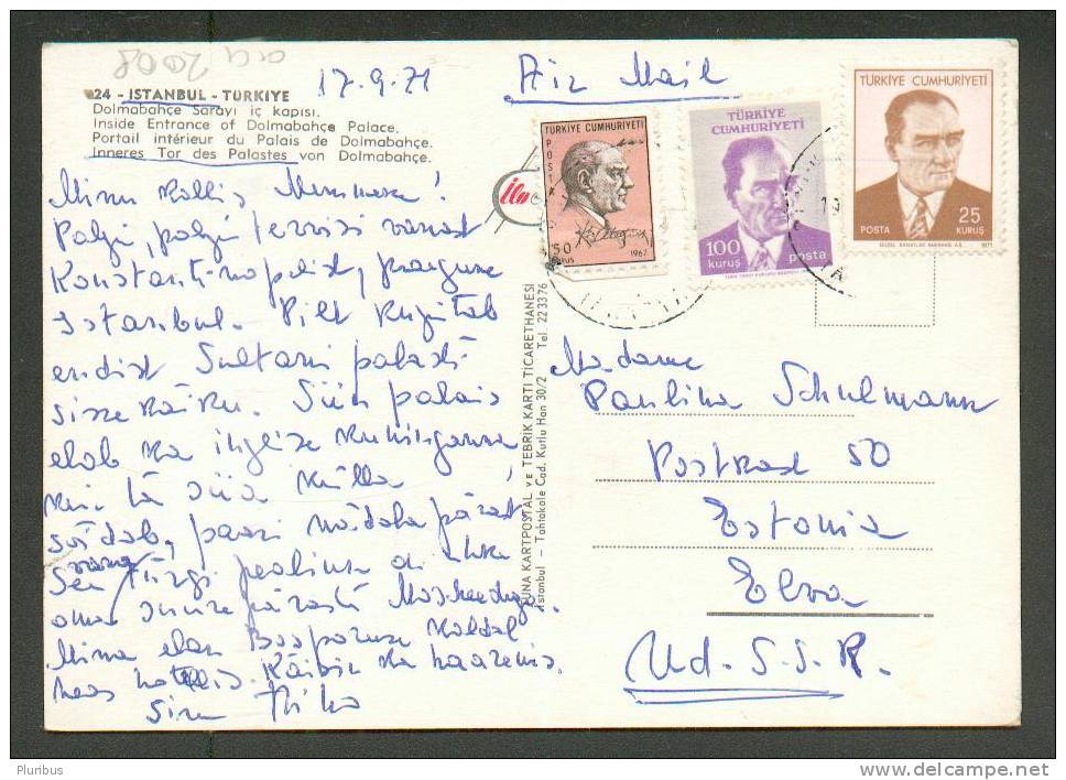 TURKEY  ISTANBUL  1971  POSTCARD  AIR MAIL TO  RUSSIA  USSR  ESTONIA - Covers & Documents