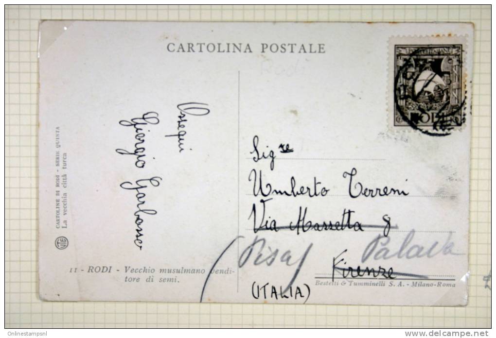 Italy: Rhodes/Rodi, Postcard With 10c Stamp To Pisa (address Changed) - Egée (Rodi)