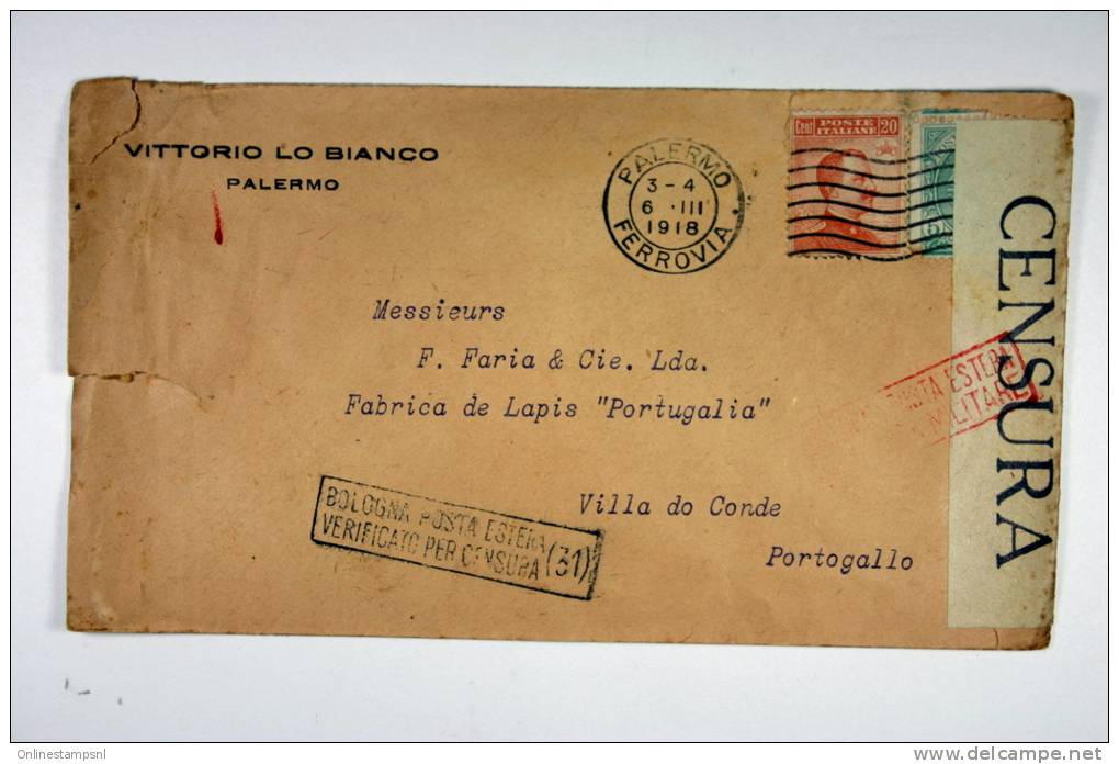 Italy: Cover Palermo  To Villa De Gonde, Portugal, 1918, Censor Opened And Cancelled, Nice Close Stamp - Storia Postale