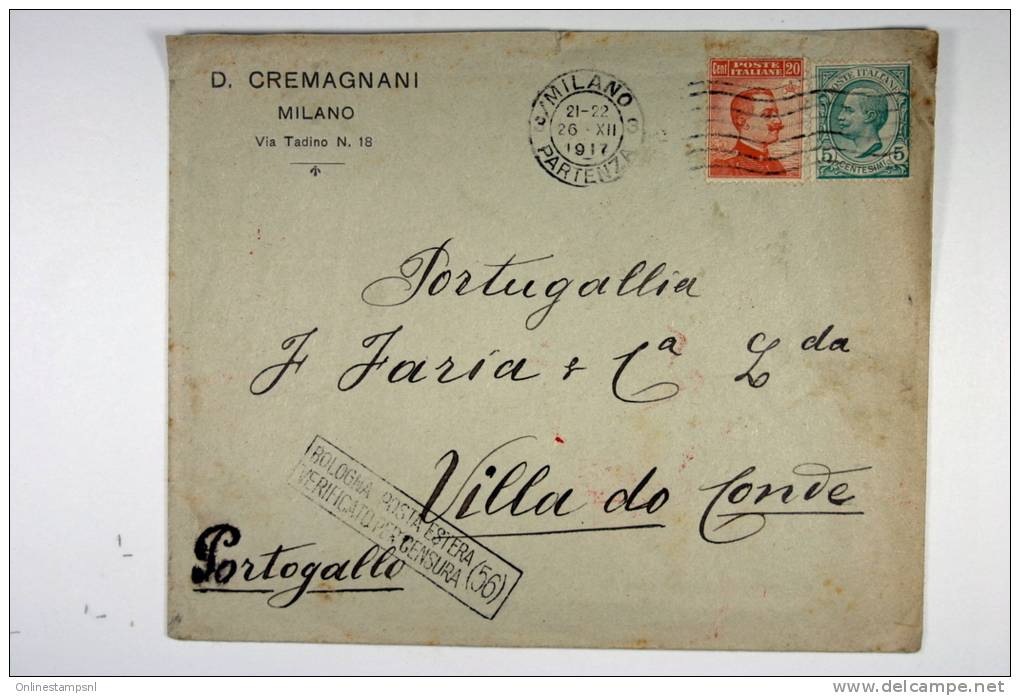 Italy: Cover Milano  To Villa De Gonde, Portugal, 1917, Censor Opened And Cancelled, Nice Close Stamp - Storia Postale