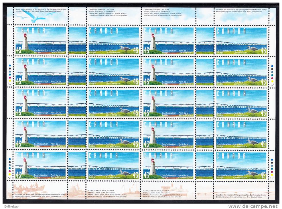 Canada MNH Scott #1646a Sheet Of 20 + 10 Tabs 45c Lighthouse, Heron, Confederation Bridge - Ganze Bögen