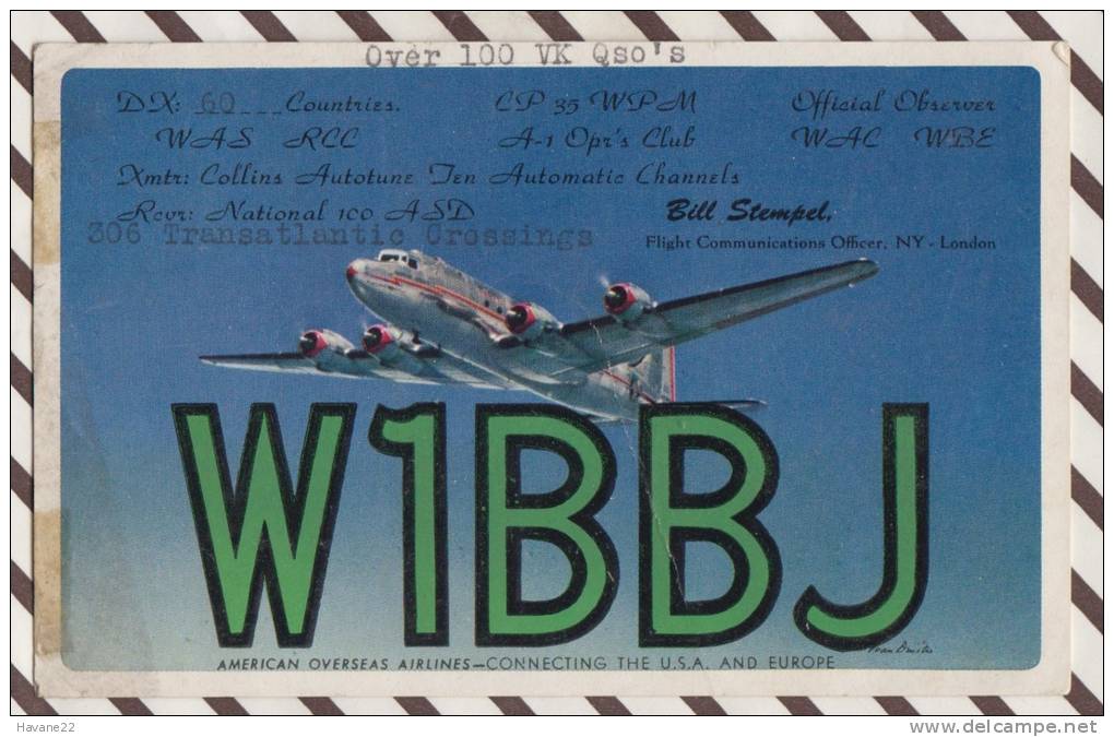 2X2552 CARTE QSL Radio Amateur AMERICAN OVERSEAS AIRLINES BYRAM CONN 1949  2 SCANS - Radio Amateur