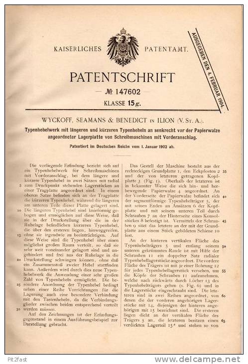 Original Patentschrift - Wyckoff , Seamans & Benedict In Ilion , USA , 1902 , Typenhebelwerk Für Schreibmaschine !!! - Tools