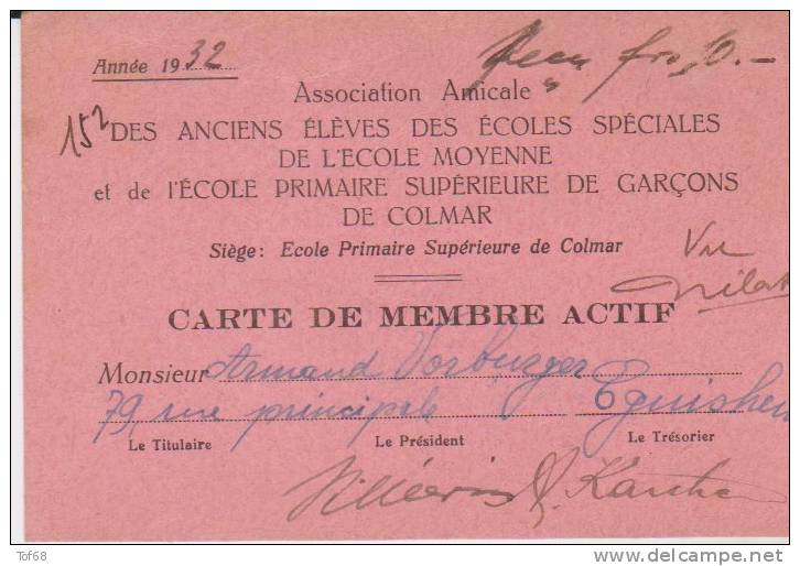 Colmar 1932 Carte De Membre Amicale Des Anciens élèves - Non Classés