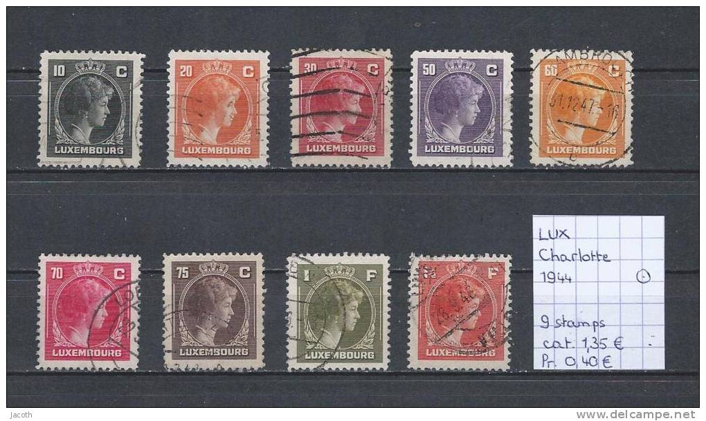 Luxemburg Charlotte 1944 9 Zegels Gest./obl./used - 1944 Charlotte De Profil à Droite