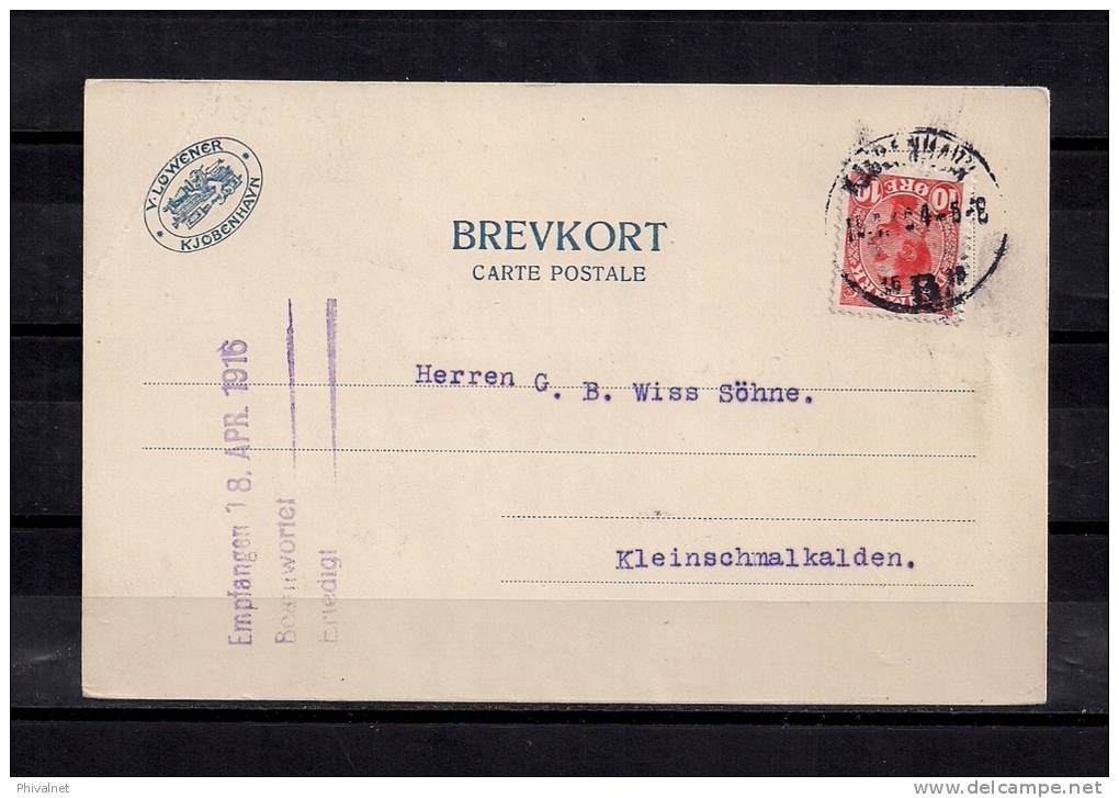 DINAMARCA 1916, TARJETA POSTAL CIRCULADA KJOBENHAVN - KLEINSCHMALKALDEN - Storia Postale