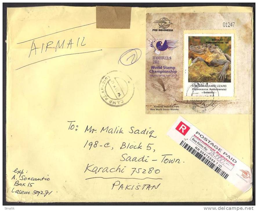 Crocodile, Stamp Exhibition, Postal History Registered Cover From INDONESIA 2012 - Autres & Non Classés