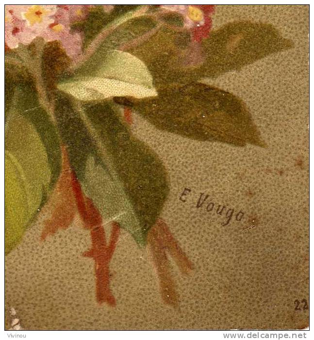 Chromo Signature E Vouga Grand Format Bouquet Fleur Rose Thé Ombelle Feuillage Feuille Tige épine - Autres & Non Classés