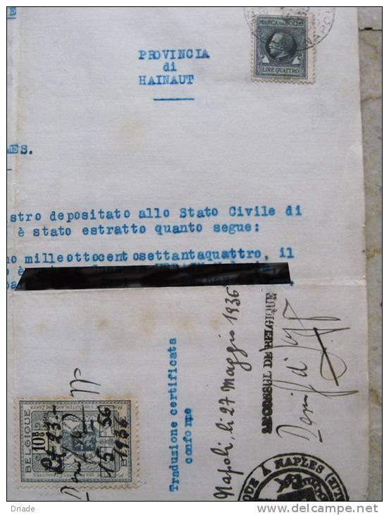 MARCHE DA BOLLO SU DOCUMENTO CONSOLATO BELGA A NAPOLI CUESMES BELGIO ANNO 1936 REGNO - Fiscali