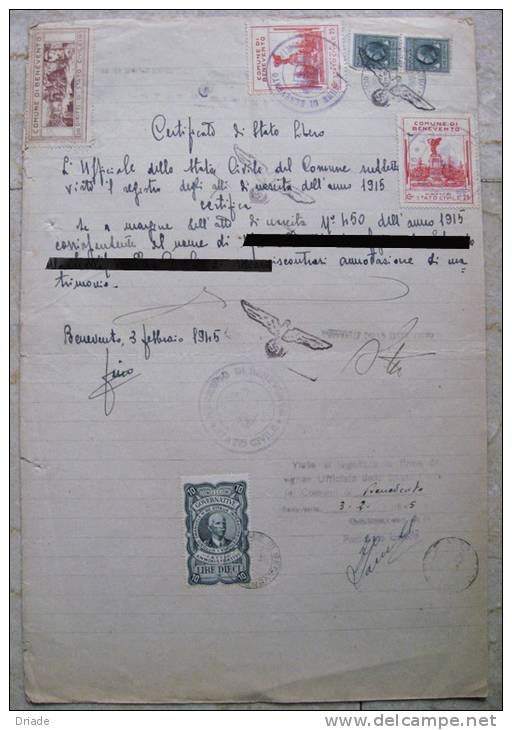 MARCHE DA BOLLO SU DOCUMENTO COMUNE DI BENEVENTO ANNO 1945 - Revenue Stamps