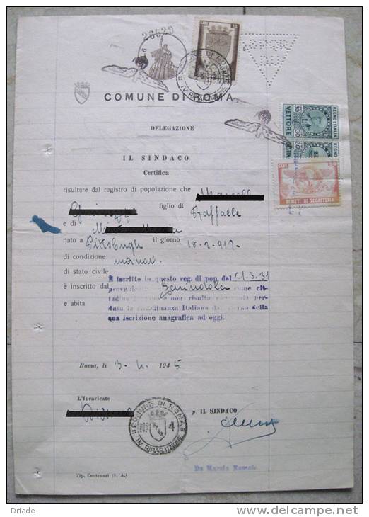 MARCHE DA BOLLO SU DOCUMENTO COMUNE DI ROMA ANNO 1945 - Fiscaux