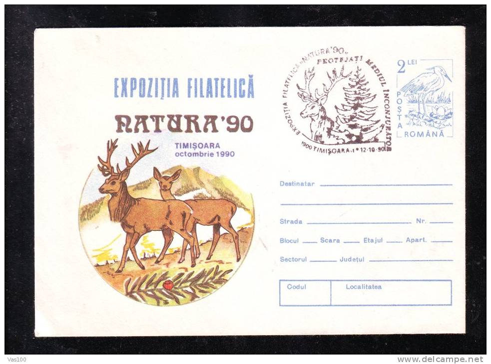 DEER 1990,COVER STATIONERY,OBLITERATION CONCORDANTE,ROMANIA. - Game
