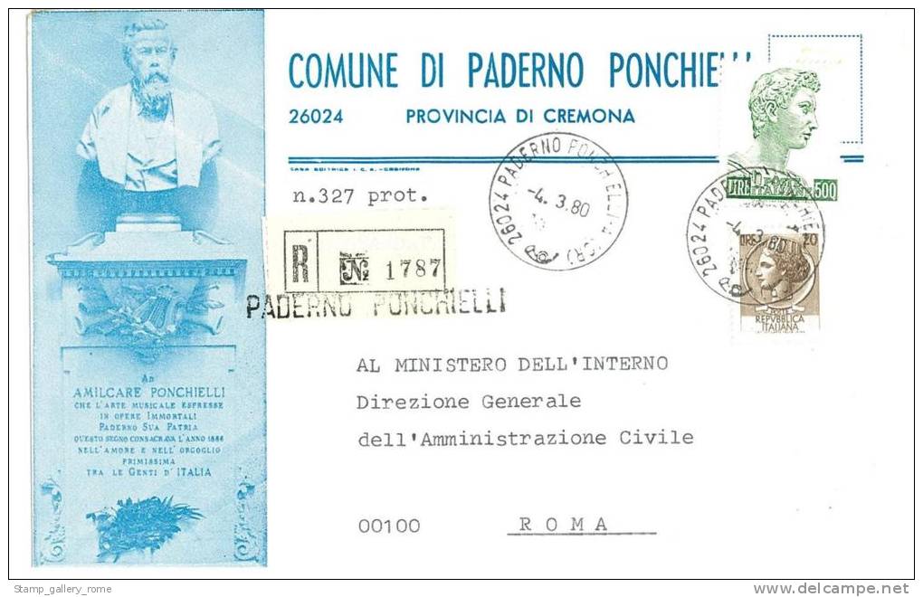 PADERNO PONCHIELLI 26100  PROV.CREMONA  - ANNO 1980  - R  -TEMATICA COMUNI D´ITALIA - STORIA POSTALE - Macchine Per Obliterare (EMA)