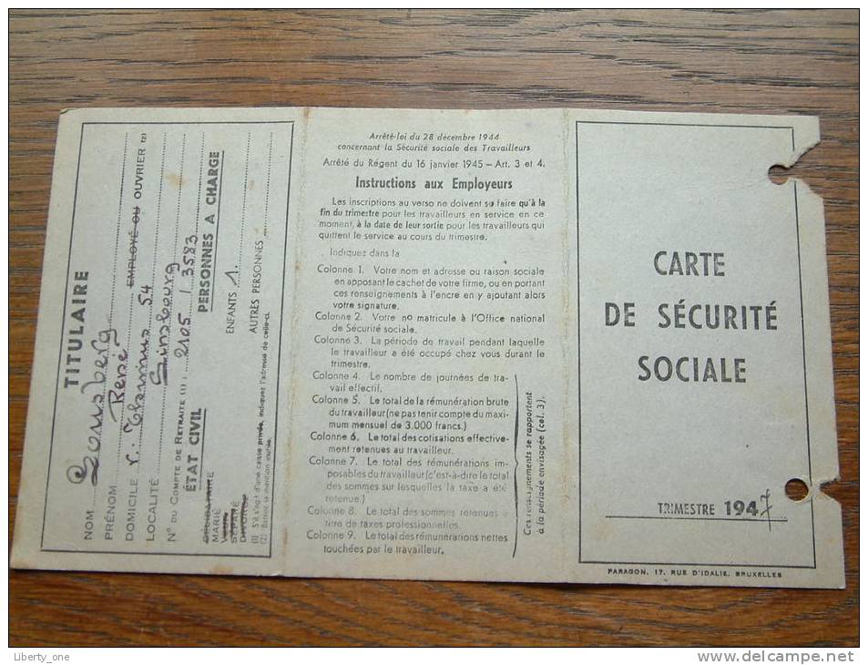 Carte De Securité Sociale LOUSBERG René - Limbourg / 1947 ( Voir Détails Photo ) ! - Autres & Non Classés